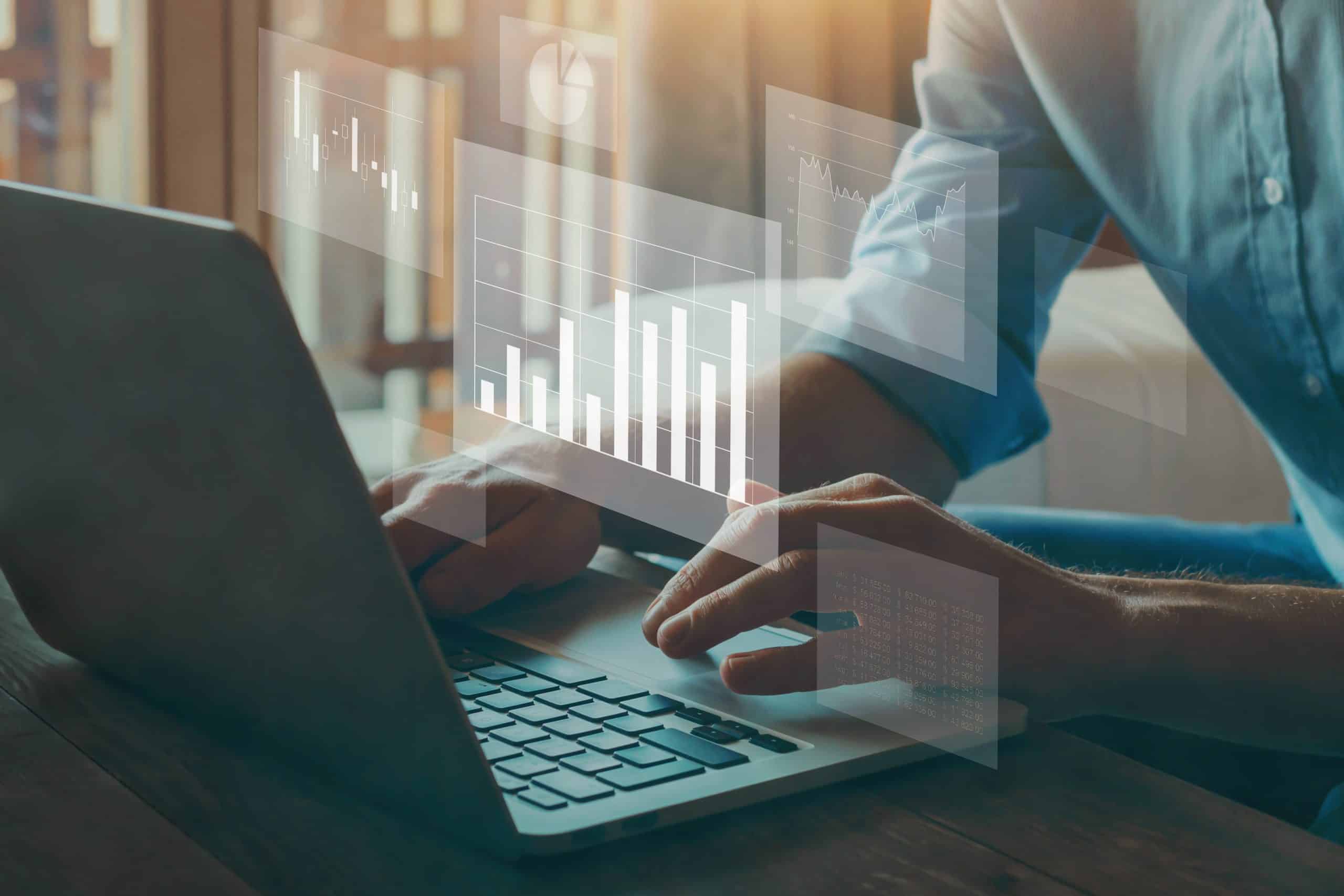 Big data analytics, business intelligence concept. Financial charts on virtual screen.